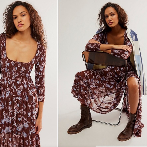 Free people Dresses & Skirts - Free People Starlit Nights MIDI Dress Smocked Sheer Slip Floral Medium Med M FP